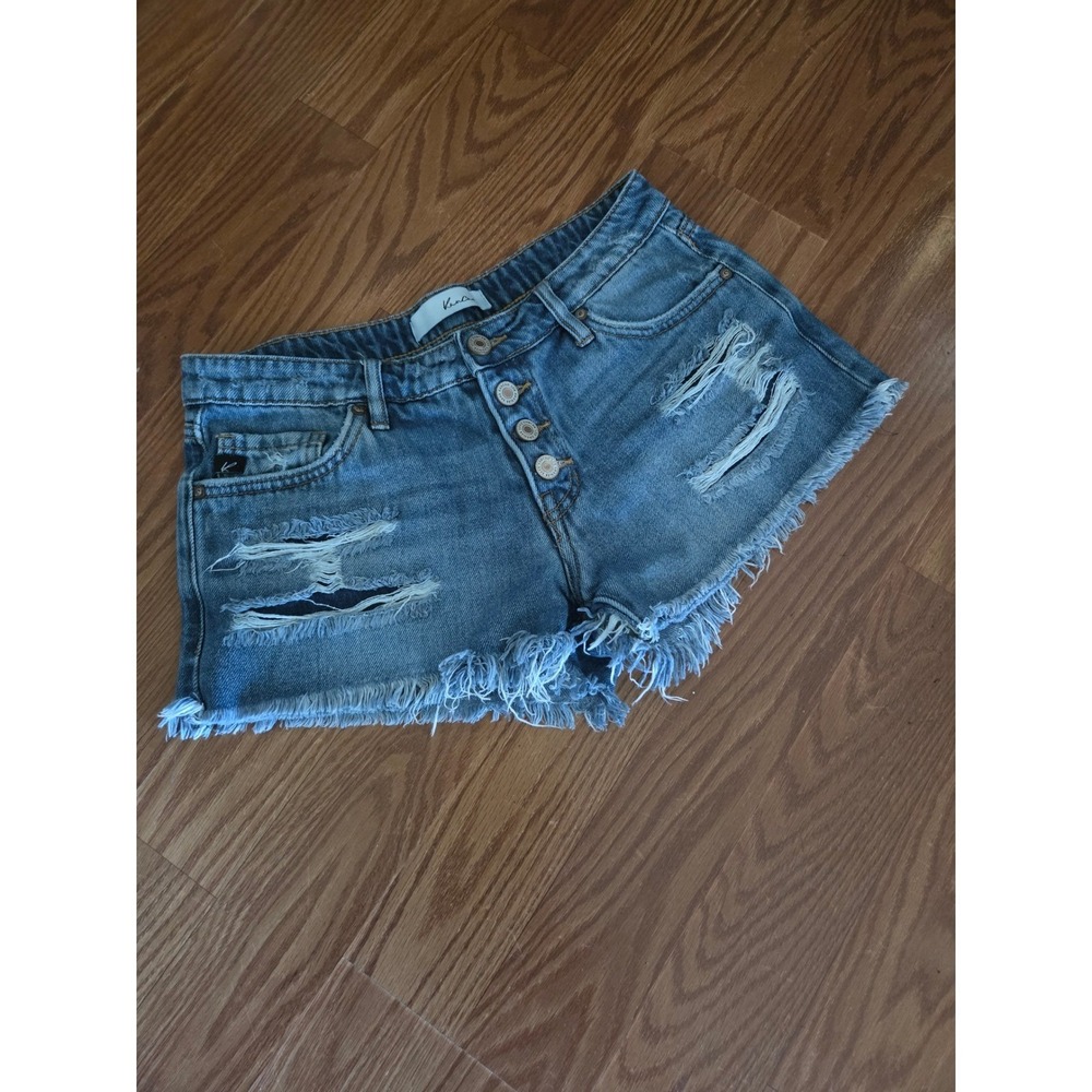 Kancan Distressed Denim Shorts Medium Wash Button Fly Frayed Hem Size 3/25